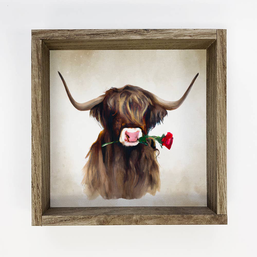 Valentine's Cow Sign - Highland Bull with a Red Rose - Handcrafted Artisanal Marketplace LLC