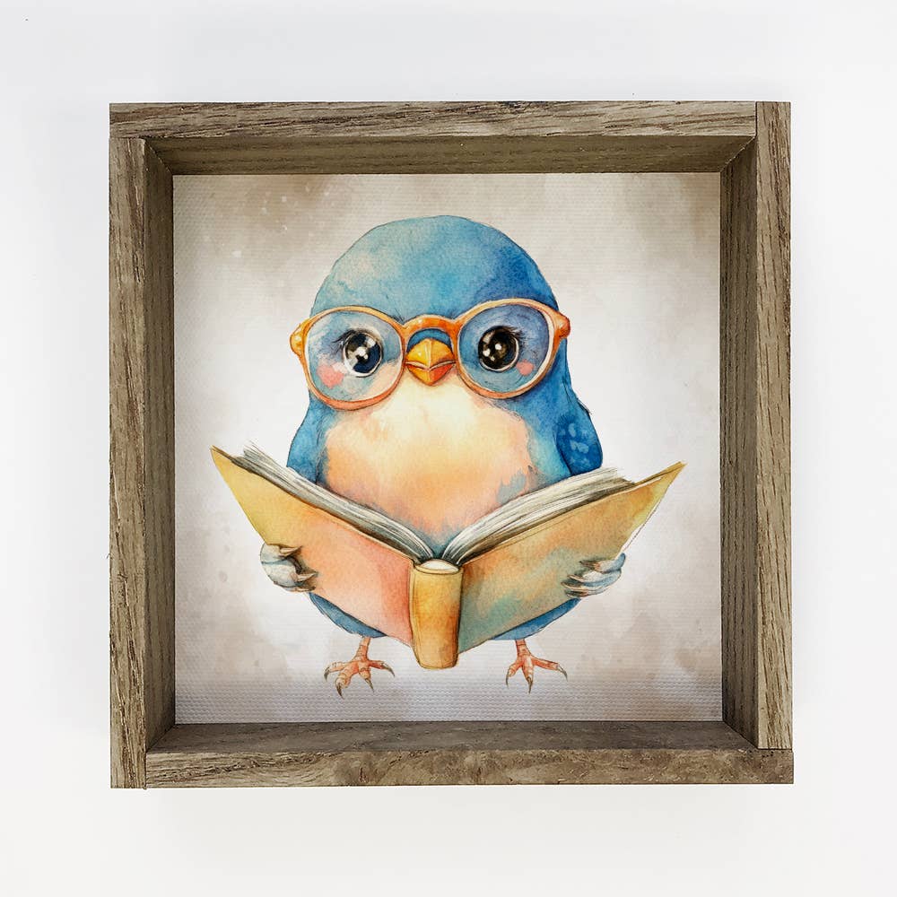 Bird Reading Book - Cute Bird Canvas Art - Wood Framed Art - Handcrafted Artisanal Marketplace LLC