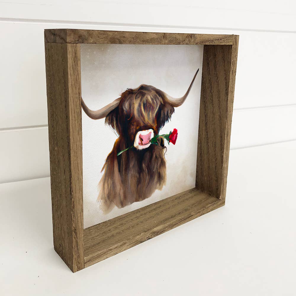 Valentine's Cow Sign - Highland Bull with a Red Rose - Handcrafted Artisanal Marketplace LLC